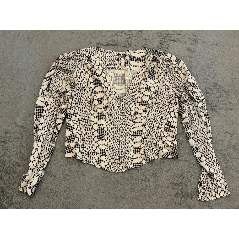 Free People Long Sleeve Crop Top Womens Large Cream Black Print Boho Festival